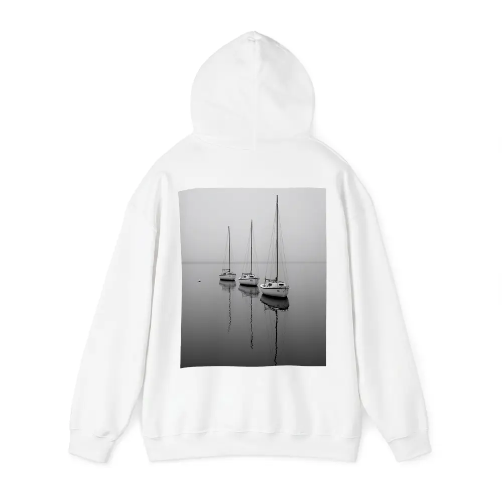 Three Sailboats Reflecting on Foggy Water – Hoodies