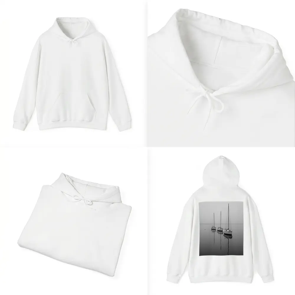 Three Sailboats Reflecting on Foggy Water – Hoodies