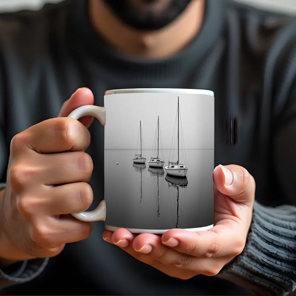 Three Sailboats Reflecting on Foggy Water – Mugs