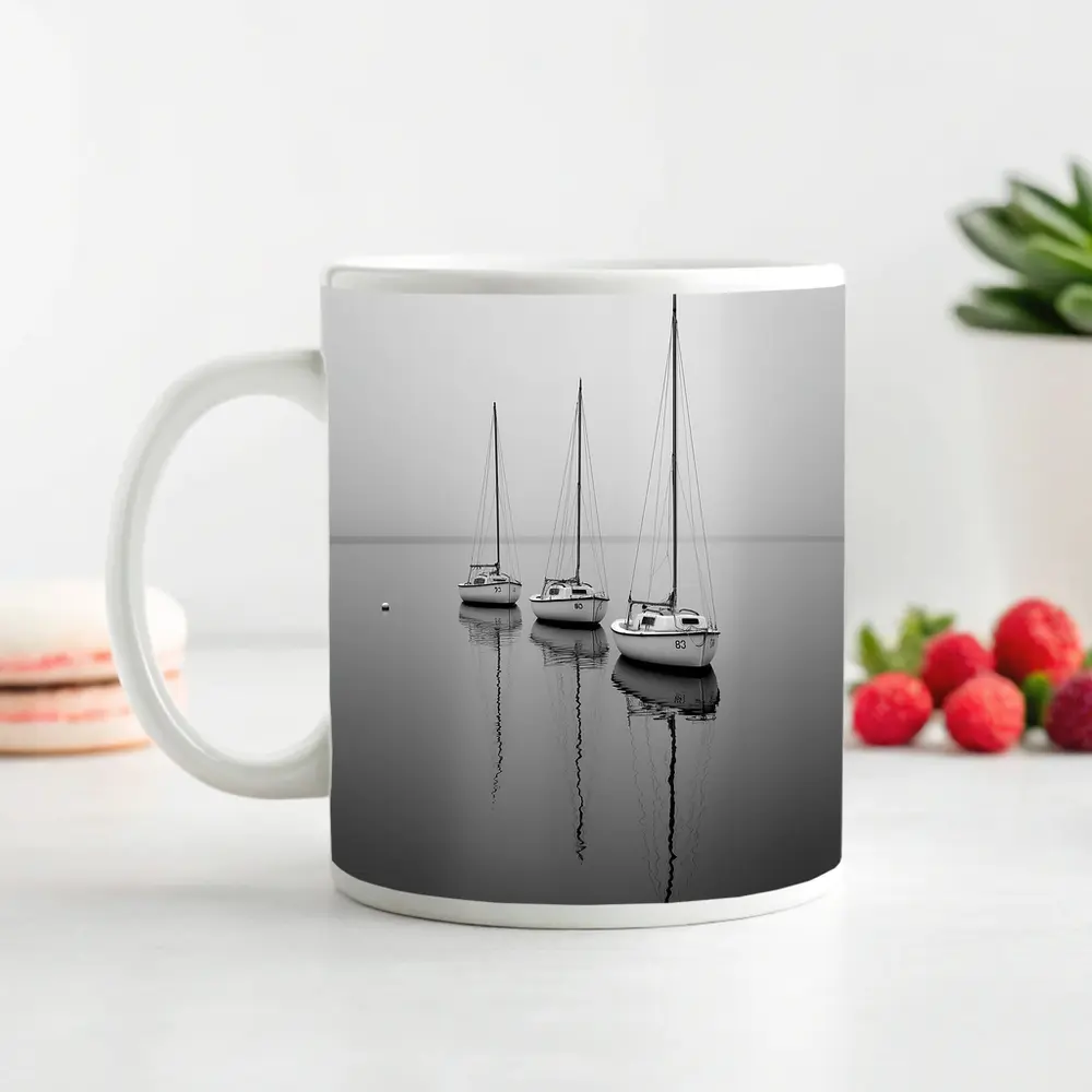 Three Sailboats Reflecting on Foggy Water – Mugs