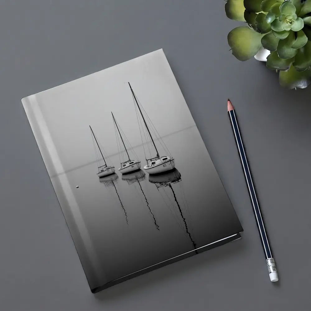 Three Sailboats Reflecting on Foggy Water – Notebooks