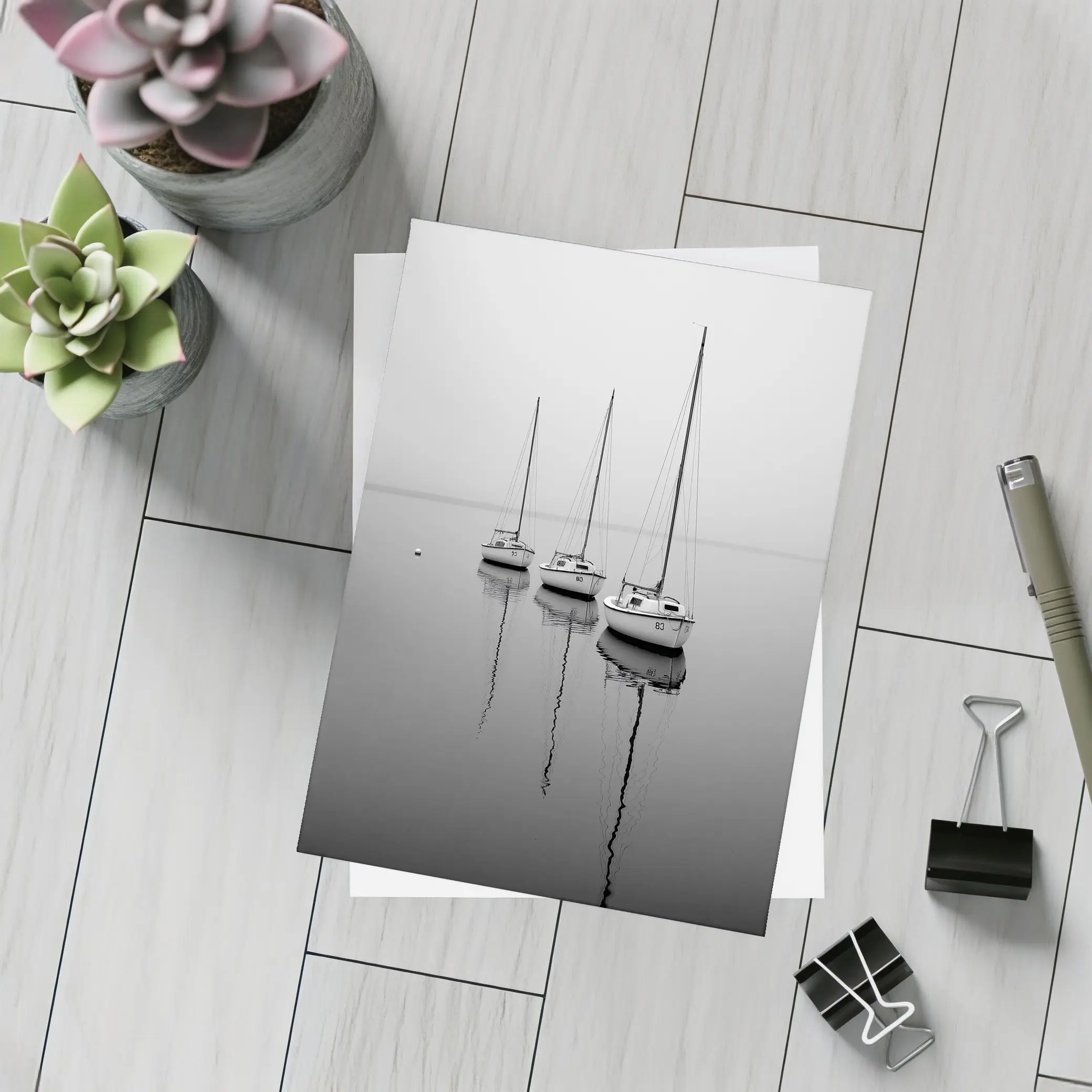 Three Sailboats Reflecting on Foggy Water – Postcards