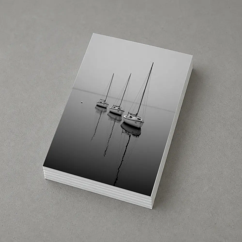 Three Sailboats Reflecting on Foggy Water – Postcards