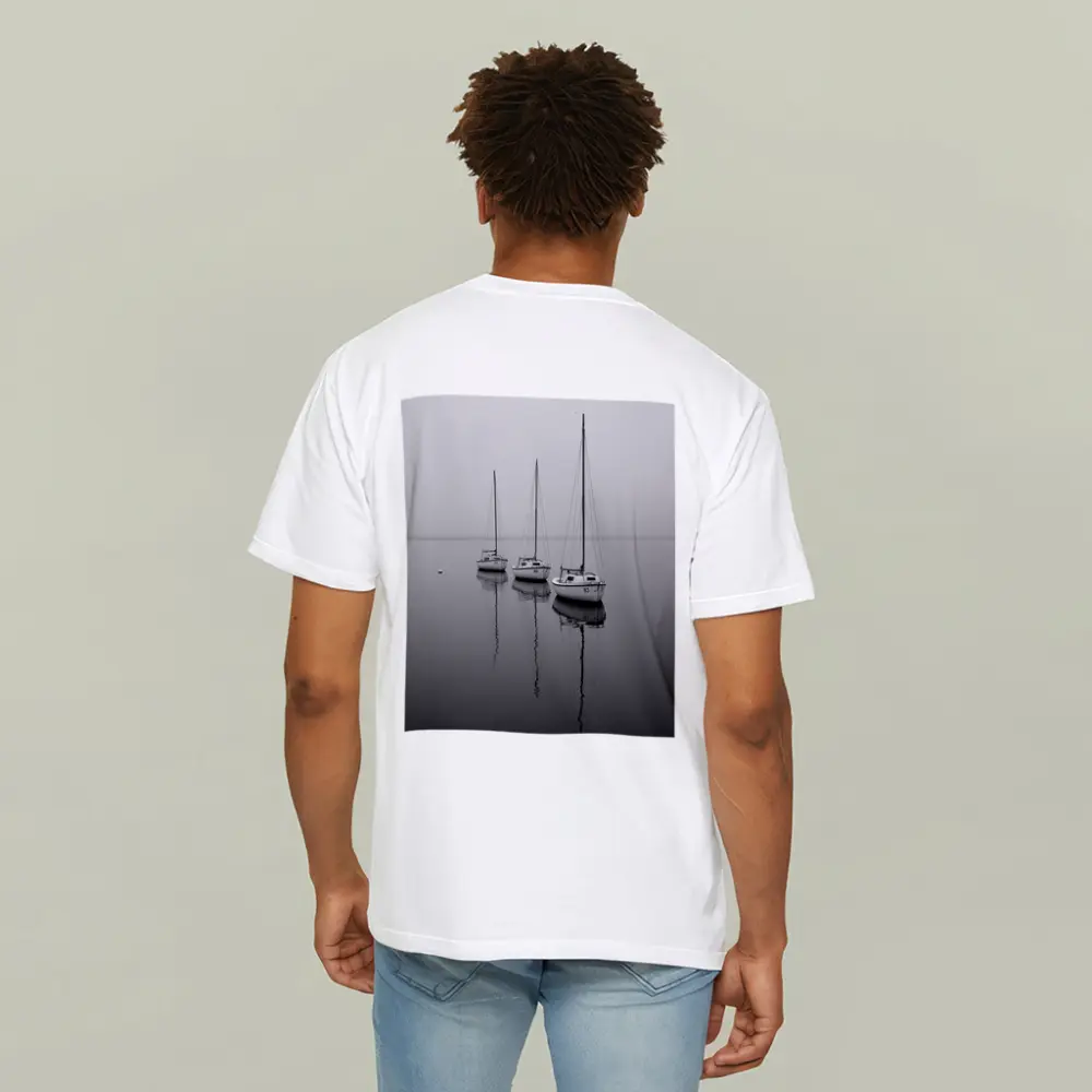 Three Sailboats Reflecting on Foggy Water – T-Shirts