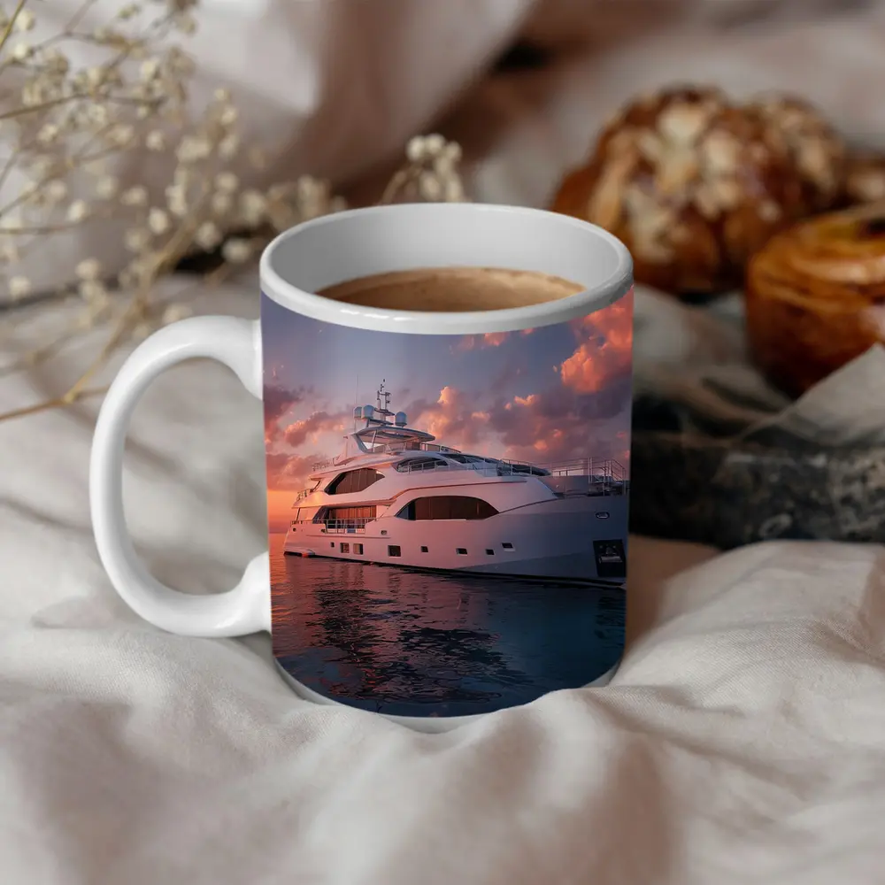 Luxury Yacht Sailing At Warm Sunset – Mugs