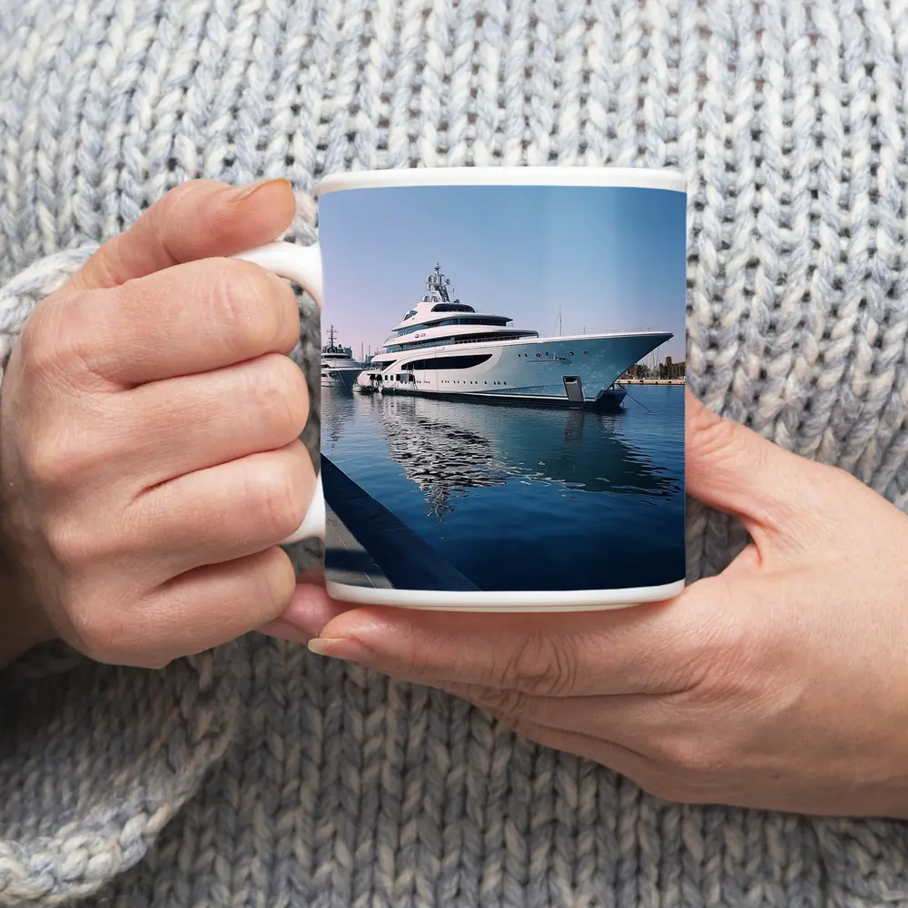 Luxury Superyacht Docked at Calm Marina – Mugs