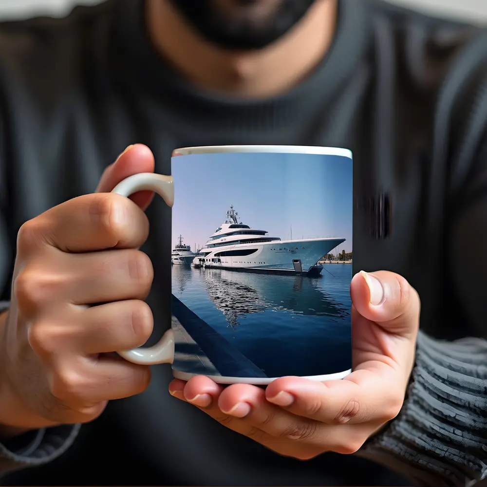 Luxury Superyacht Docked at Calm Marina – Mugs