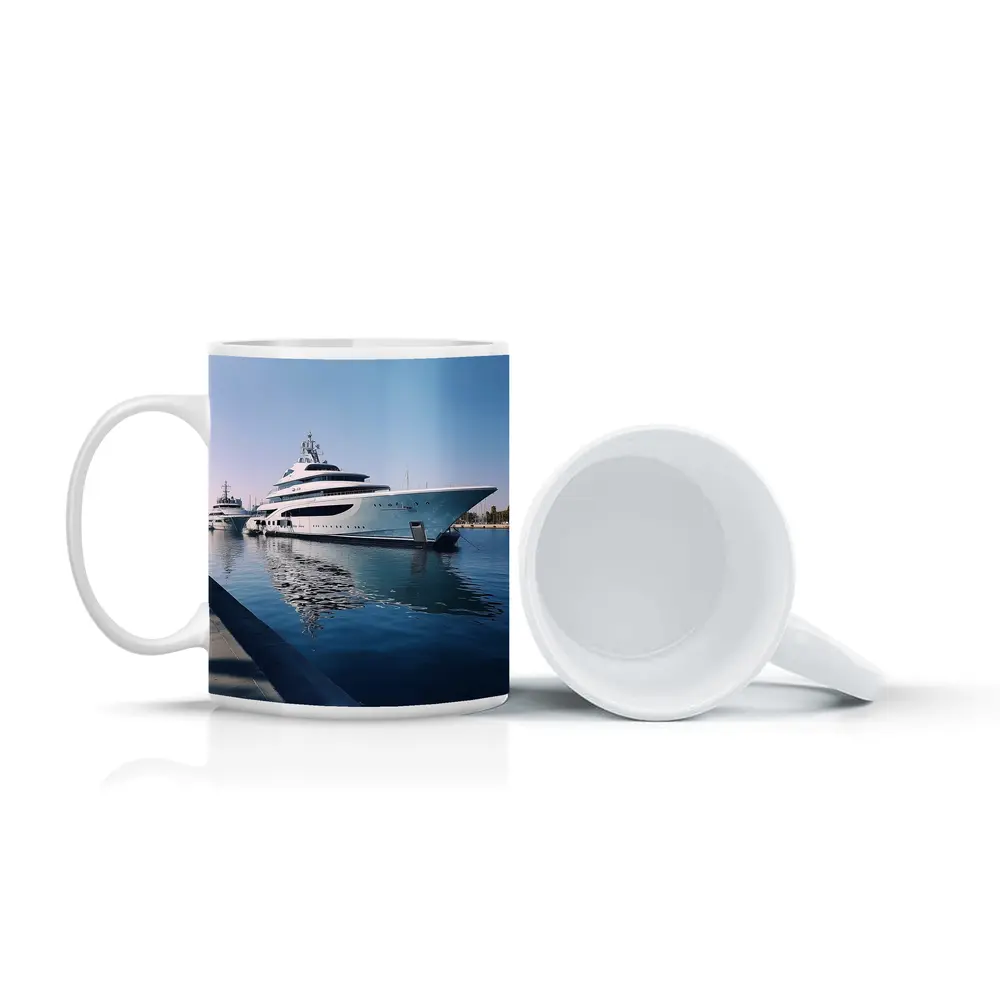 Luxury Superyacht Docked at Calm Marina – Mugs
