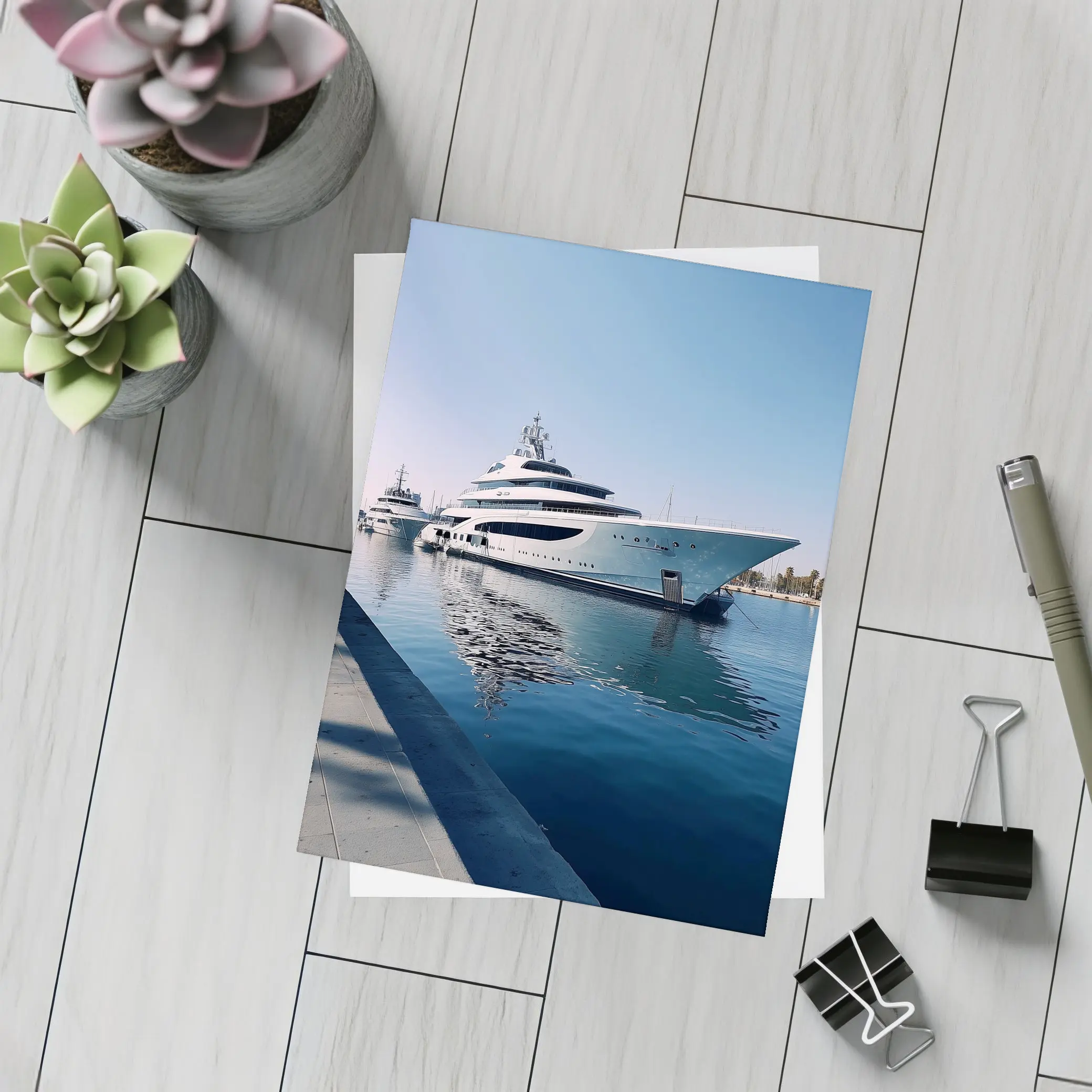 Luxury Superyacht Docked at Calm Marina – Postcards