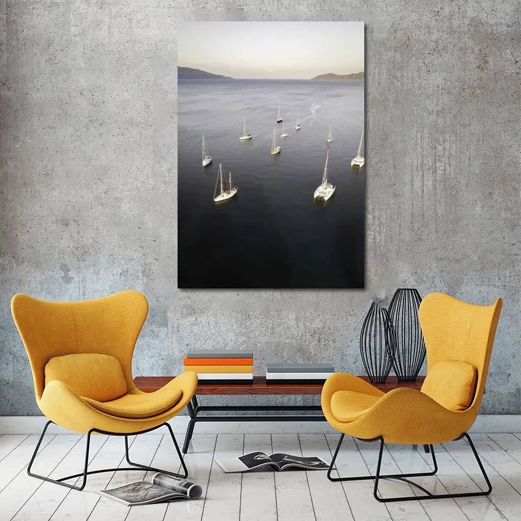 Sailboats Anchored in Calm Blue Bay – Wall Art