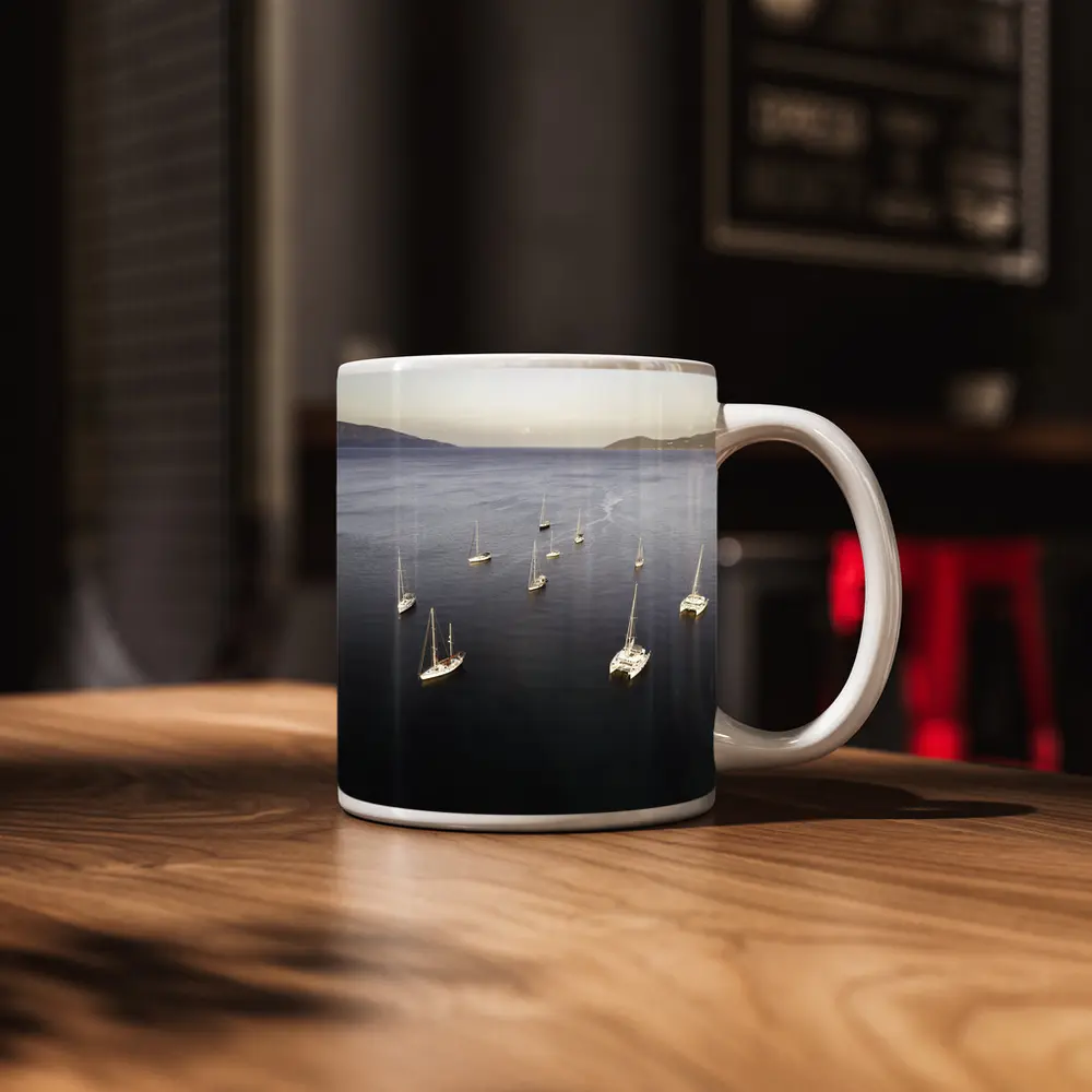 Sailboats Anchored in Calm Blue Bay – Mugs