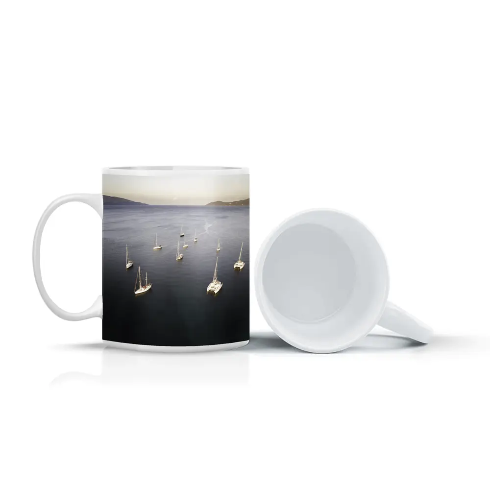 Sailboats Anchored in Calm Blue Bay – Mugs