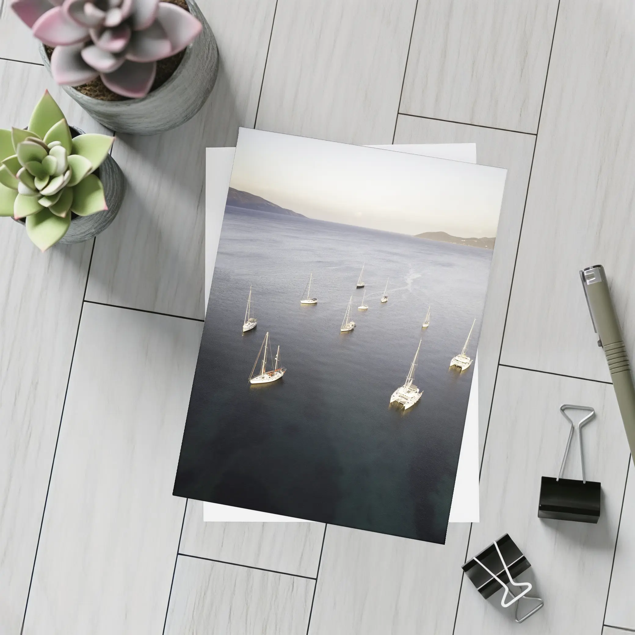 Sailboats Anchored in Calm Blue Bay – Postcards