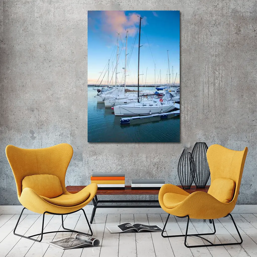 Sailboats Docked At Marina Blue Sky – Wall Art