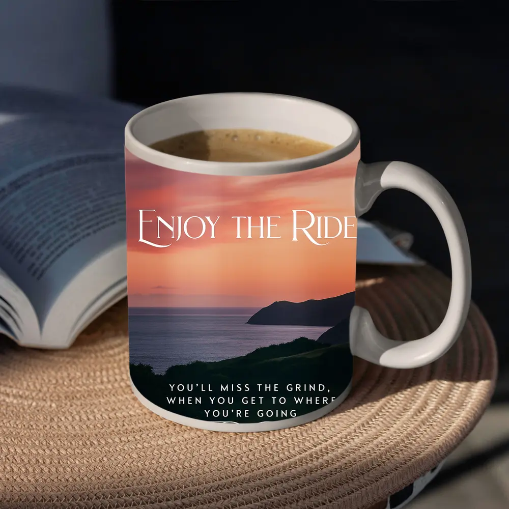 Enjoy The Ride Sunset Coastal Quote Print – Mugs