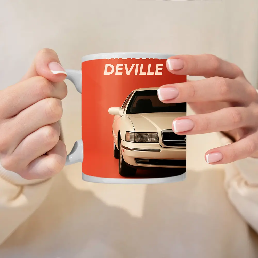Cadillac DeVille White Car Orange Background – Mugs