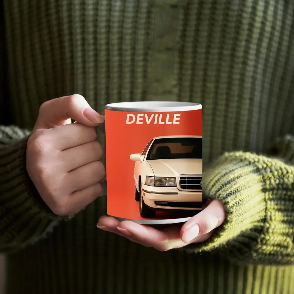 Cadillac DeVille White Car Orange Background – Mugs