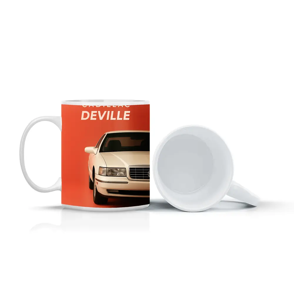 Cadillac DeVille White Car Orange Background – Mugs