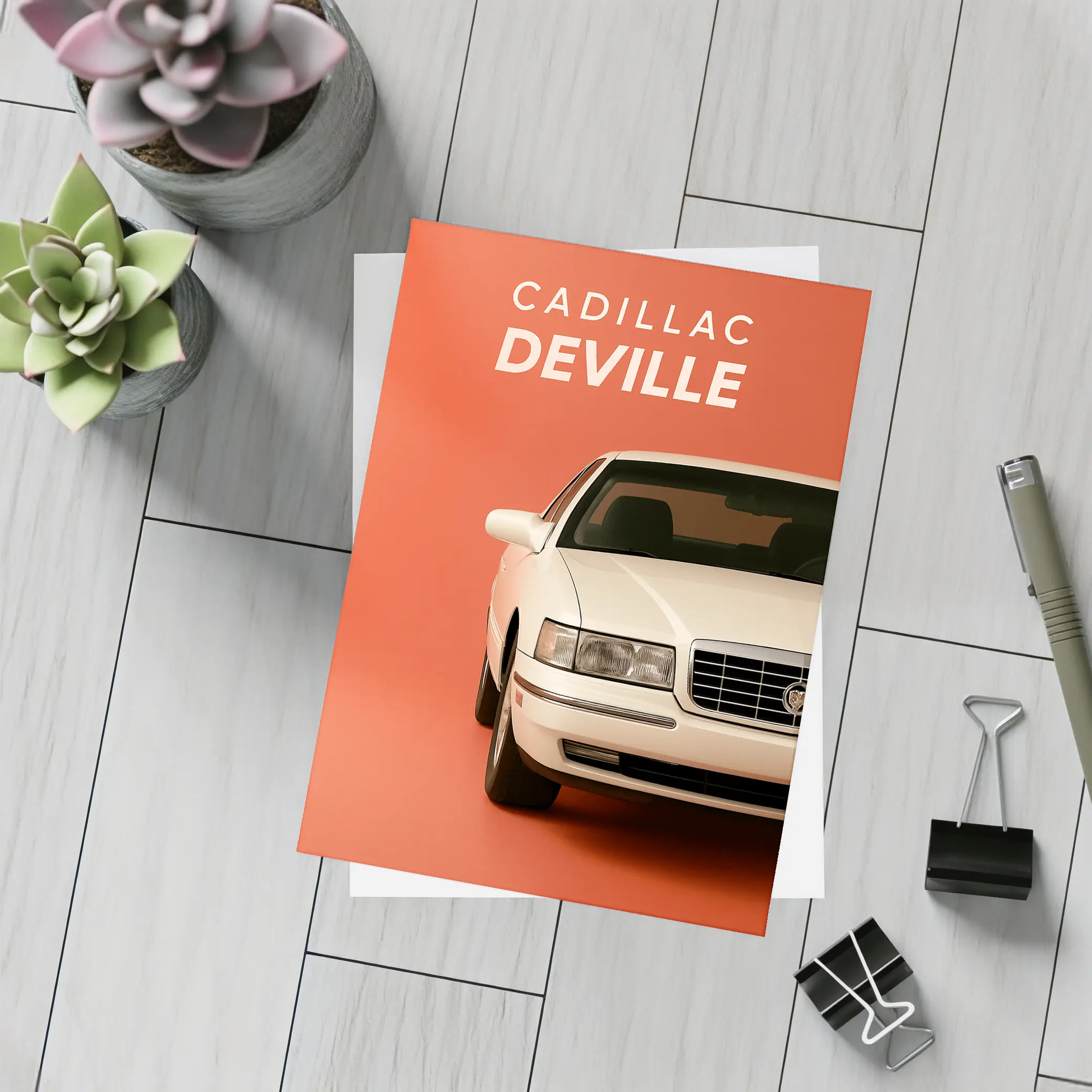 Cadillac DeVille White Car Orange Background – Postcards