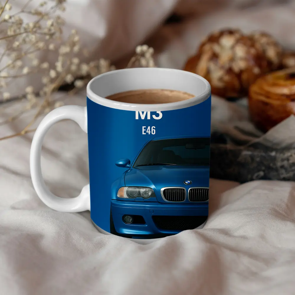 BMW M3 E46 Blue Front View Art – Mugs