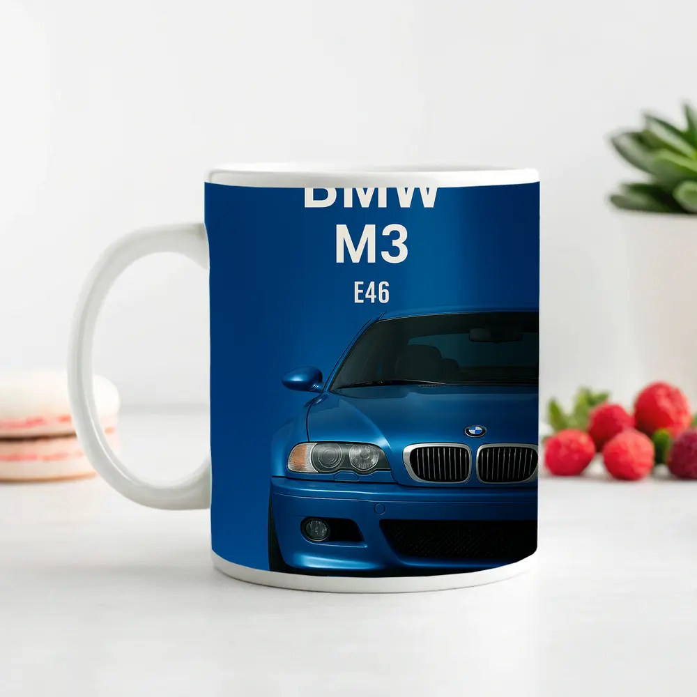 BMW M3 E46 Blue Front View Art – Mugs