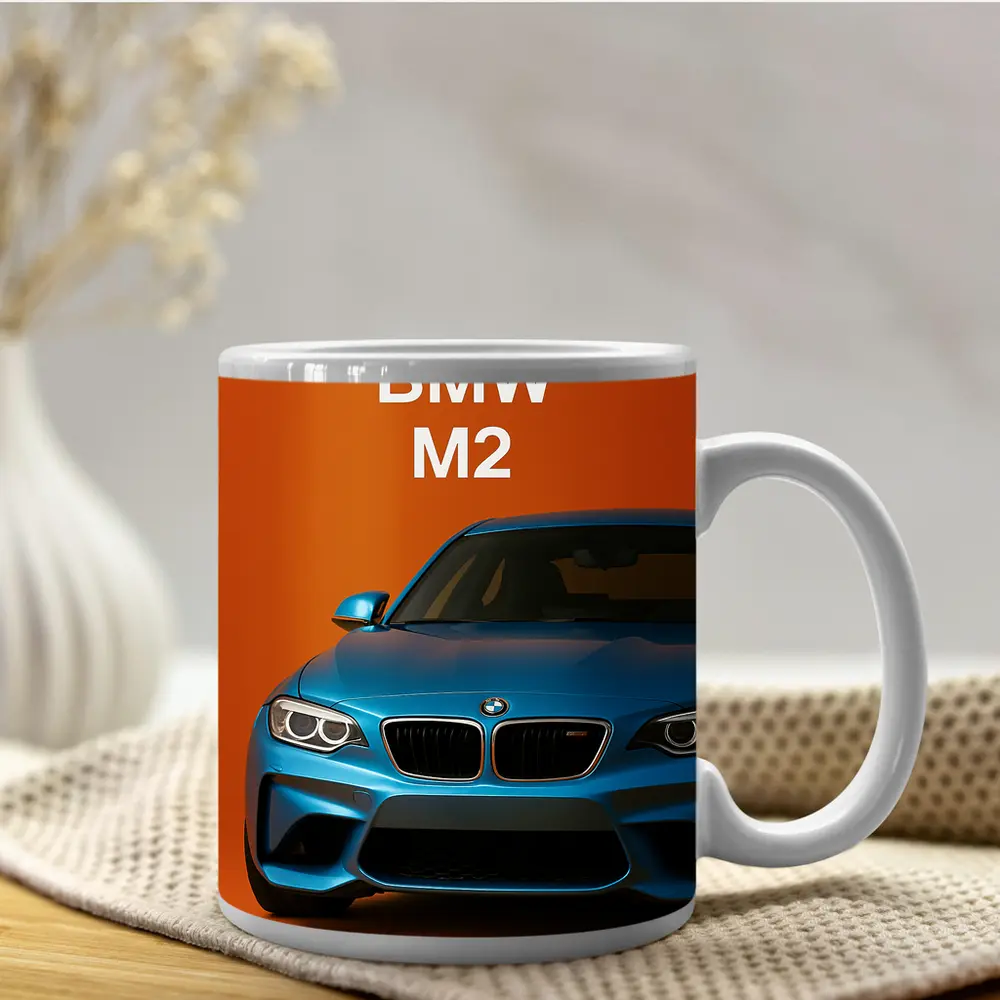BMW M2 Blue Car Orange Background Art – Mugs