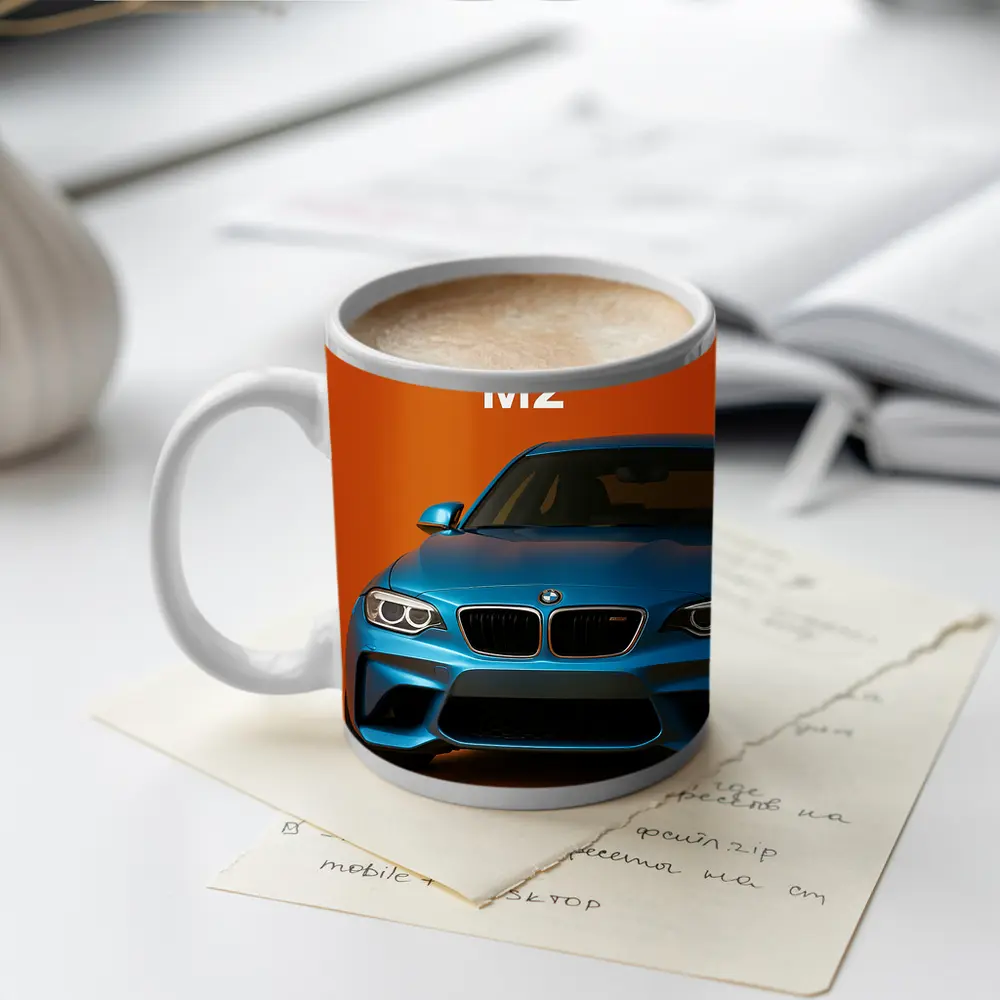 BMW M2 Blue Car Orange Background Art – Mugs