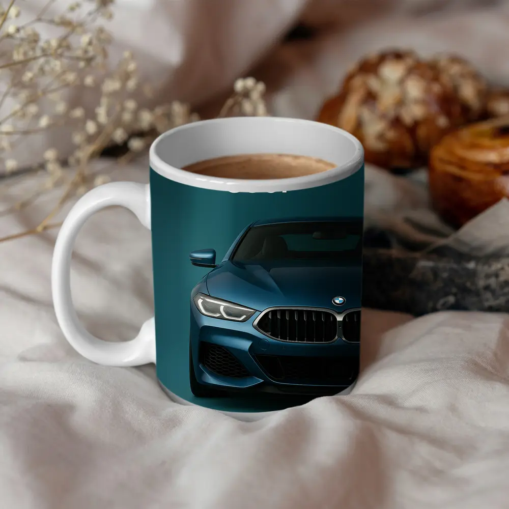 BMW 850i Front View Teal Background – Mugs