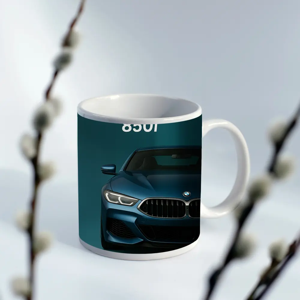 BMW 850i Front View Teal Background – Mugs