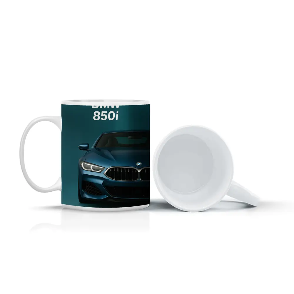 BMW 850i Front View Teal Background – Mugs