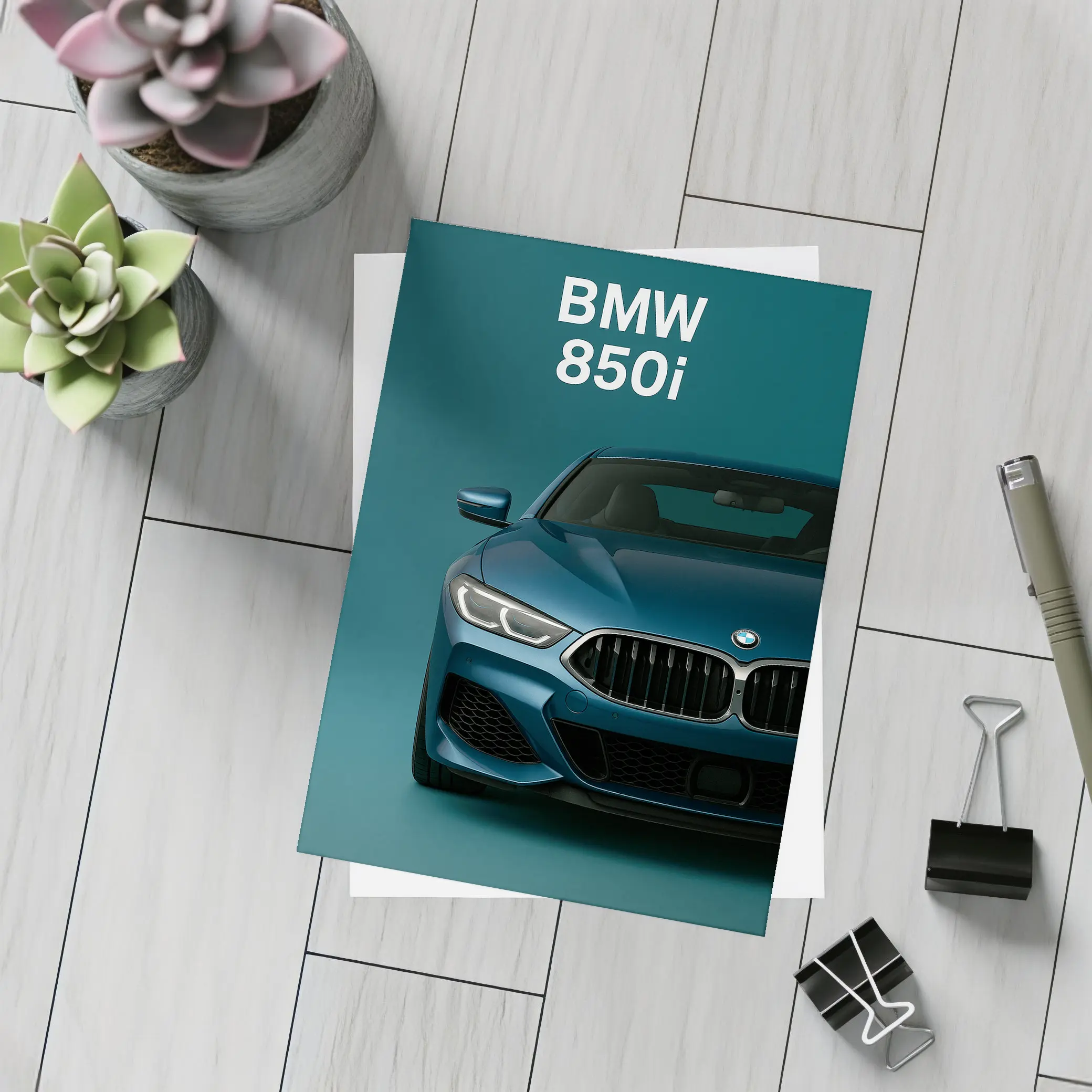 BMW 850i Front View Teal Background – Postcards