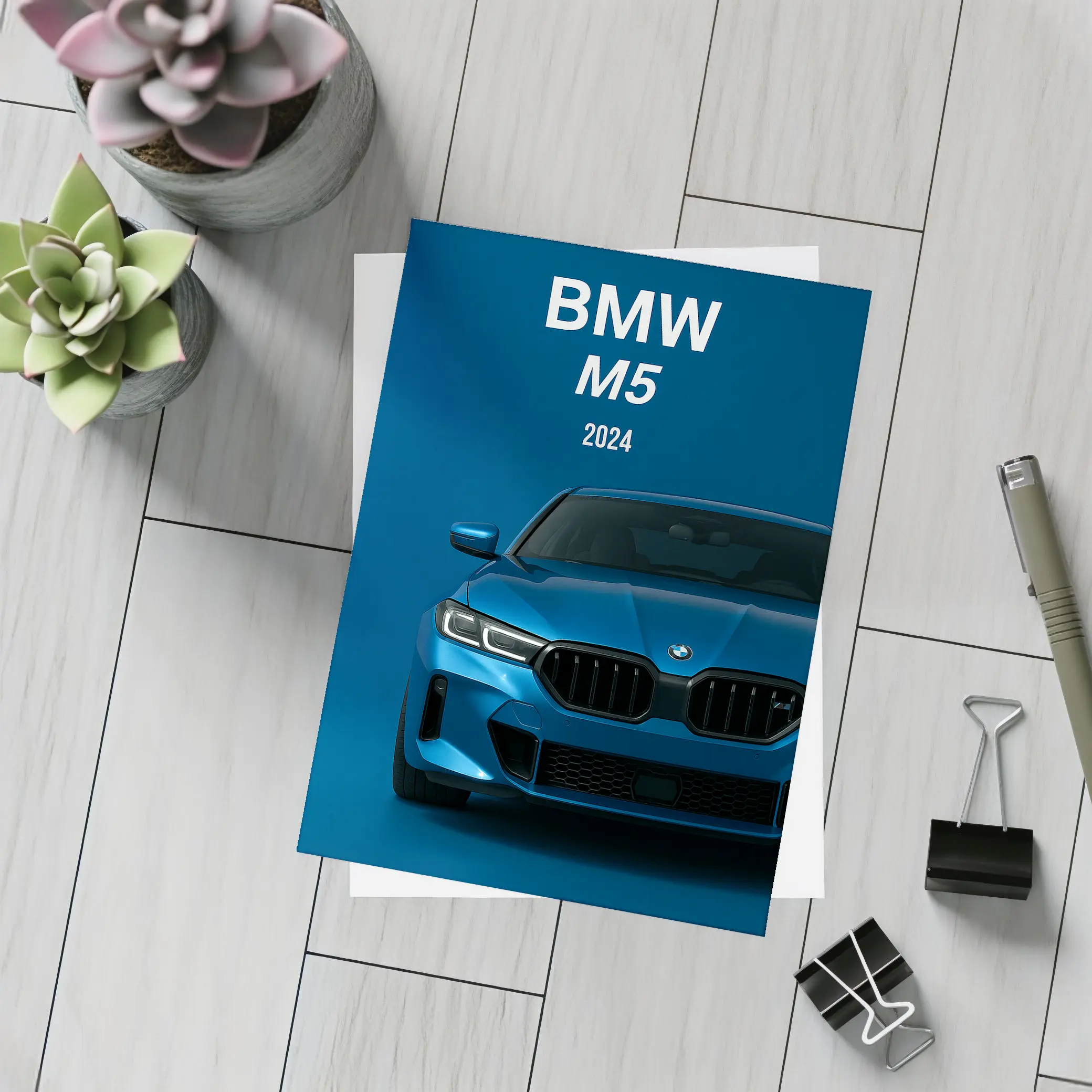 BMW M5 2024 Blue Front View – Postcards