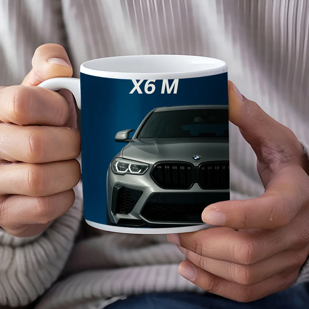 BMW X6 M Front View Blue Background – Mugs