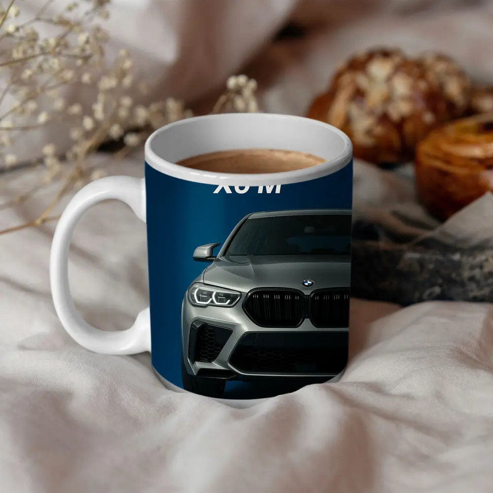 BMW X6 M Front View Blue Background – Mugs