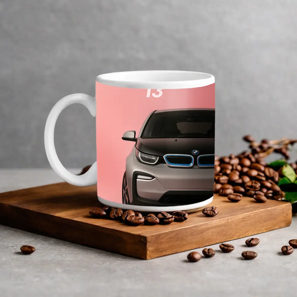 BMW i3 Electric Car Pink Background Art – Mugs