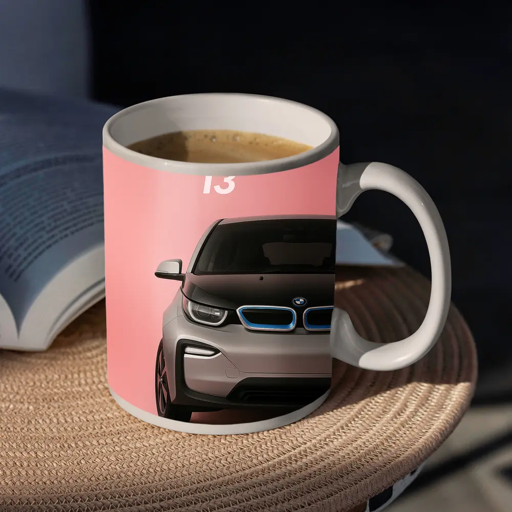 BMW i3 Electric Car Pink Background Art – Mugs