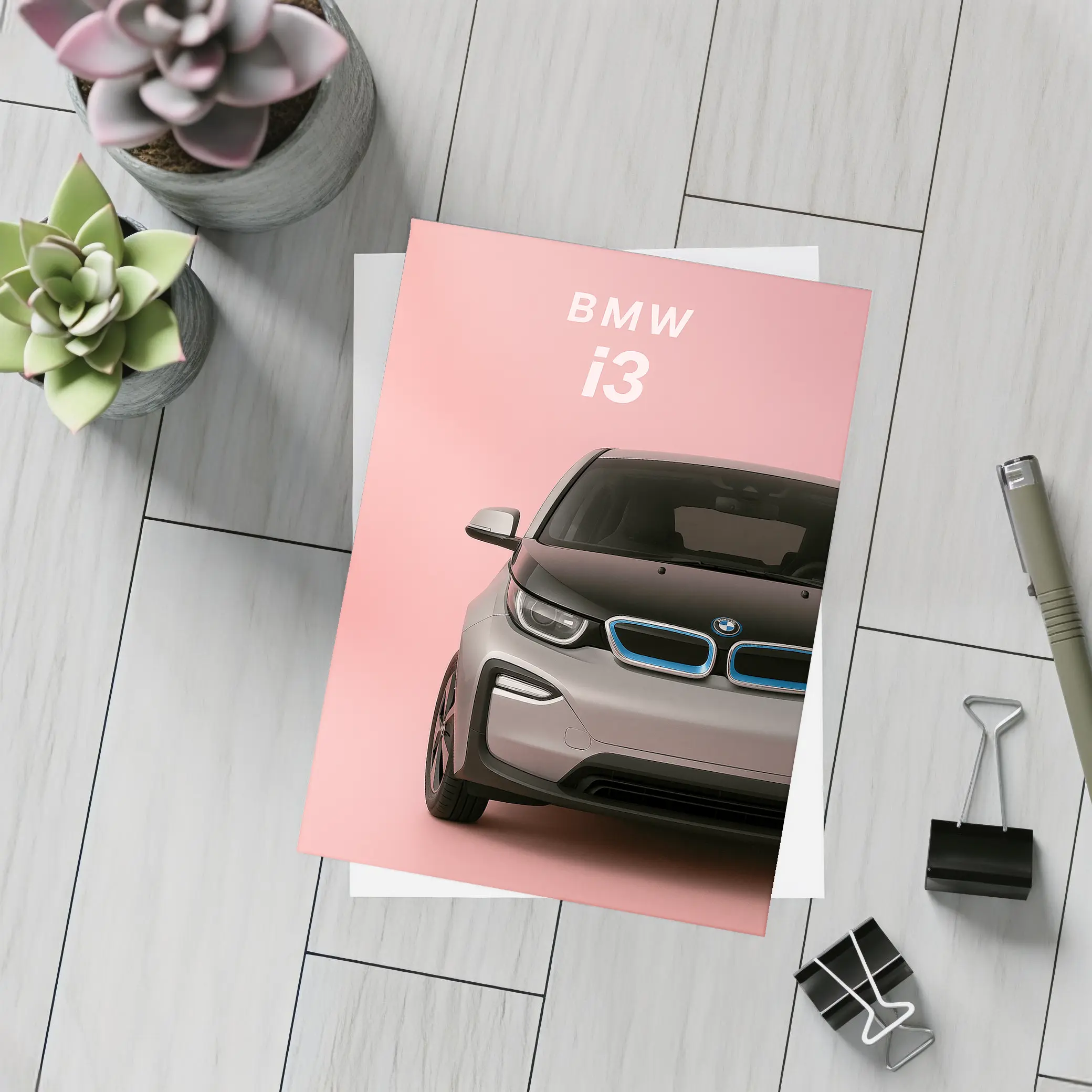 BMW i3 Electric Car Pink Background Art – Postcards