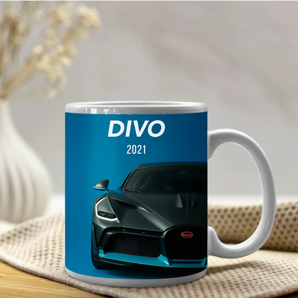 Bugatti Divo Front View Blue Background – Mugs