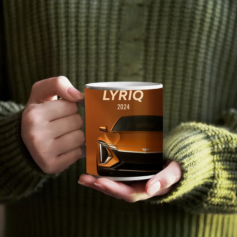 Cadillac Lyriq Front View Orange Background – Mugs