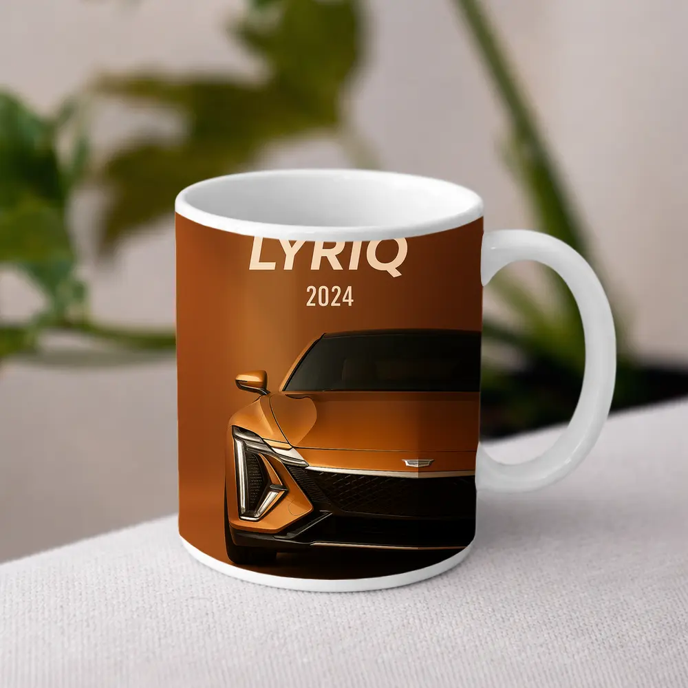 Cadillac Lyriq Front View Orange Background – Mugs