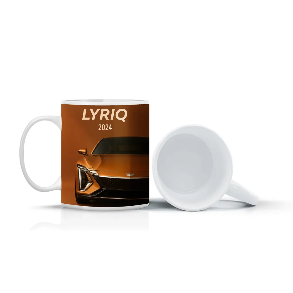 Cadillac Lyriq Front View Orange Background – Mugs