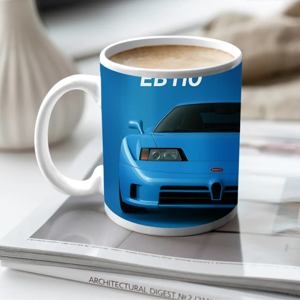 Bugatti EB110 Front View Blue Background – Mugs