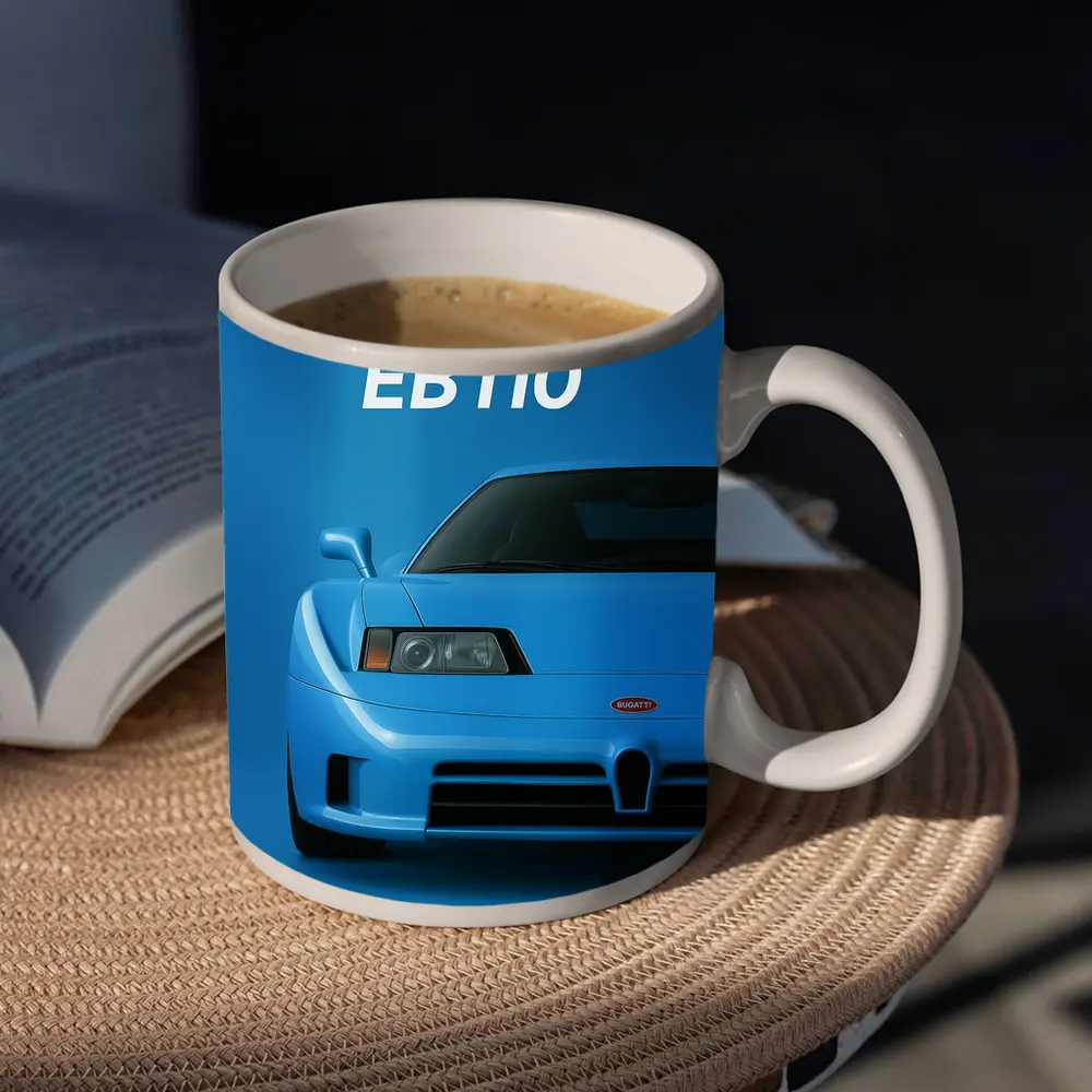 Bugatti EB110 Front View Blue Background – Mugs