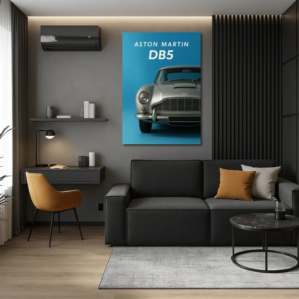 Aston Martin DB5 Silver Blue Background – Wall Art