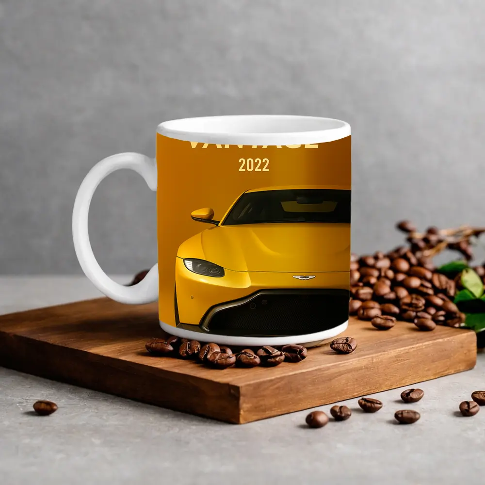 Aston Martin Vantage Yellow Studio Front View – Mugs