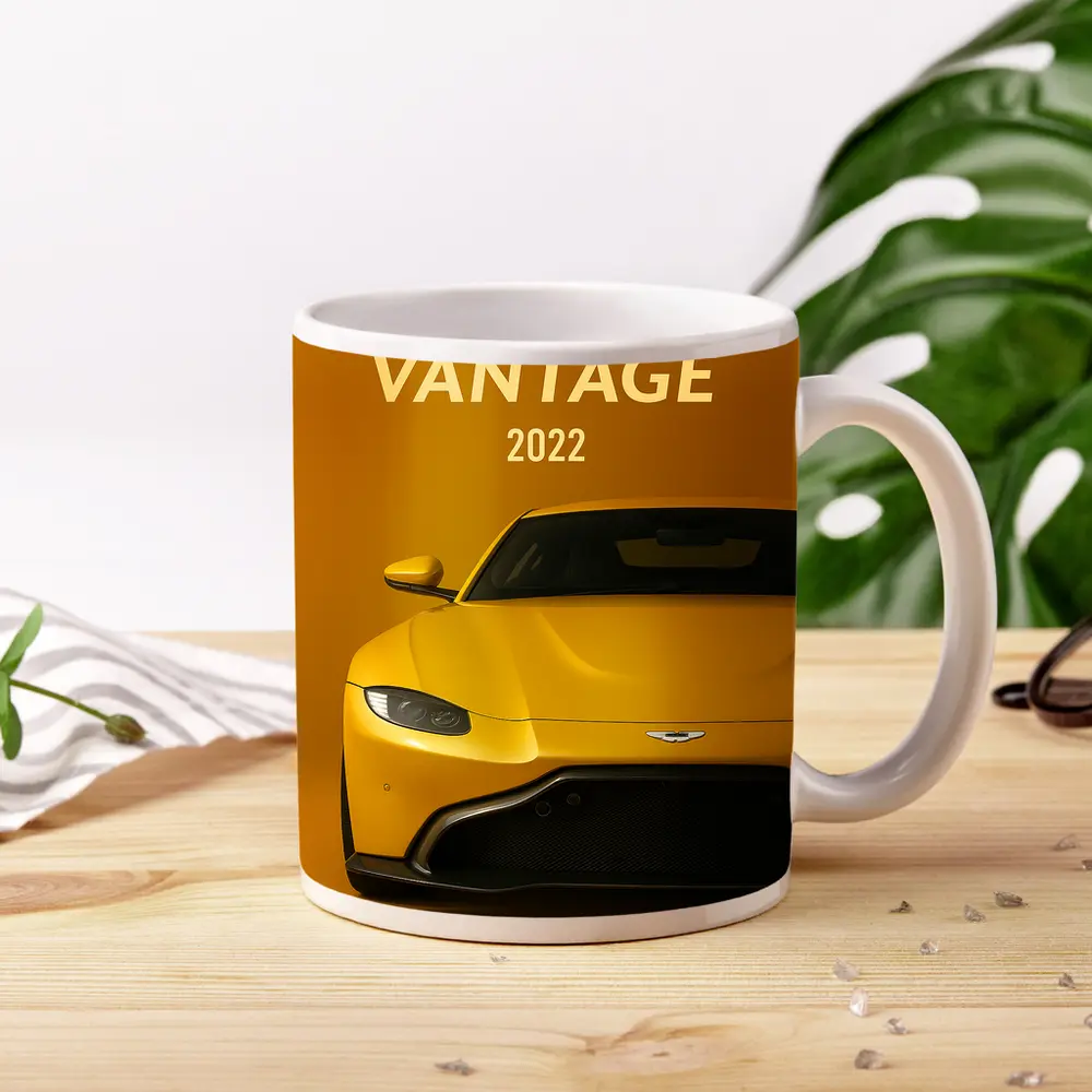 Aston Martin Vantage Yellow Studio Front View – Mugs