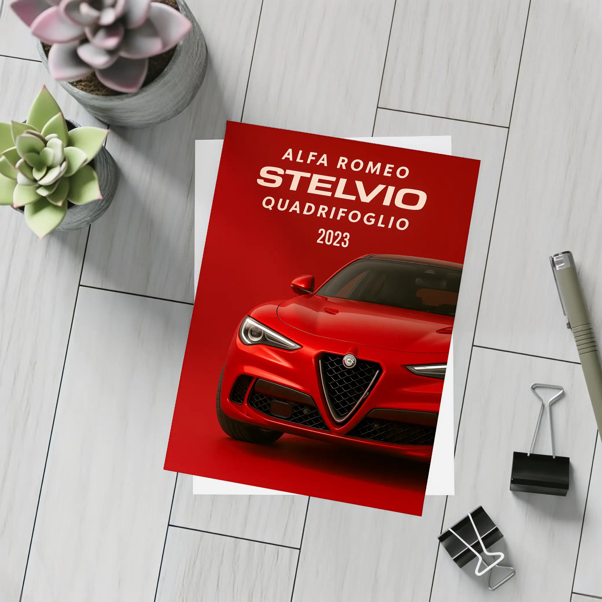 Alfa Romeo Stelvio Quadrifoglio Red Background Art – Postcards