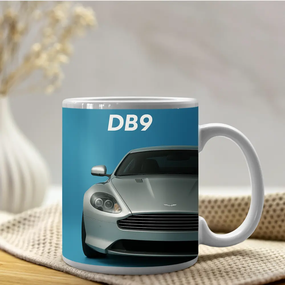Aston Martin DB9 Silver Blue Background – Mugs