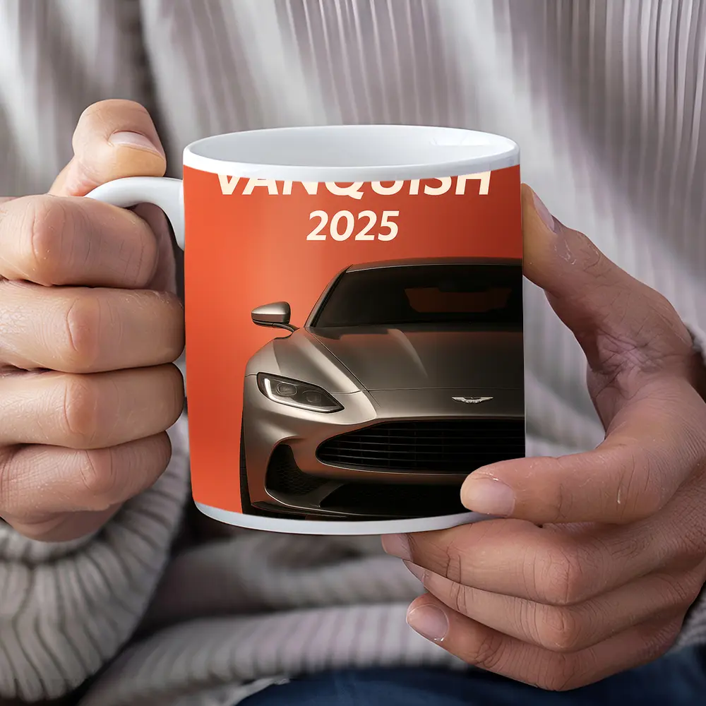 Aston Martin Vanquish Front View Orange Background – Mugs