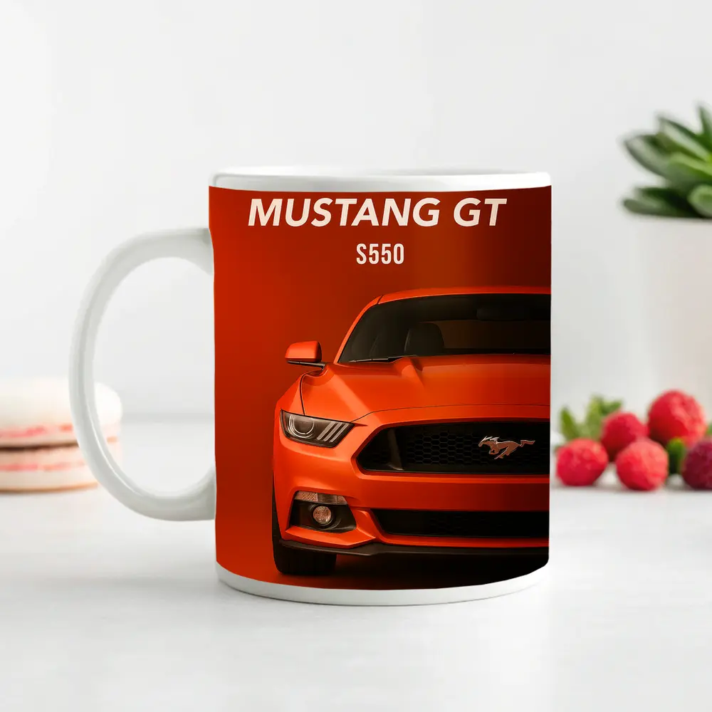 Ford Mustang GT S550 Orange Background Art – Mugs